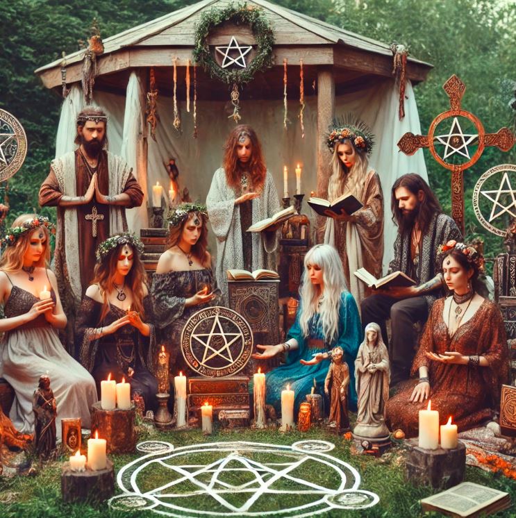 Een diverse groep polytheïstische heksen eert meerdere goden in een natuurlijke setting, omringd door symbolen van Goden.